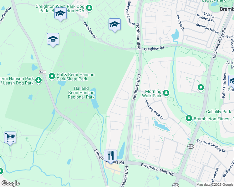 map of restaurants, bars, coffee shops, grocery stores, and more near 23321 Tradewind Drive in Ashburn