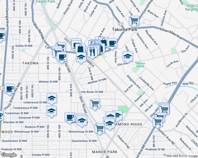 map of restaurants, bars, coffee shops, grocery stores, and more near 19 Whittier Street Northwest in Washington