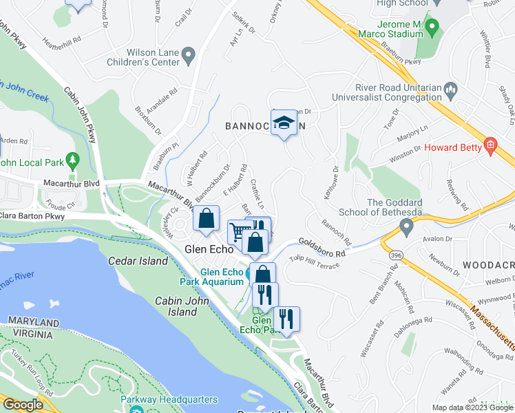 map of restaurants, bars, coffee shops, grocery stores, and more near 6210 Crathie Lane in Bethesda