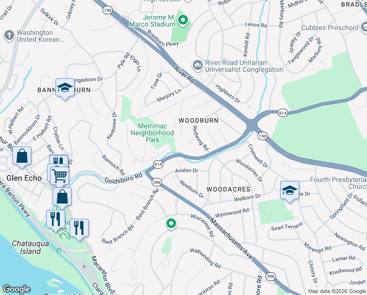 map of restaurants, bars, coffee shops, grocery stores, and more near 6215 Redwing Court in Bethesda