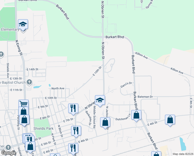 map of restaurants, bars, coffee shops, grocery stores, and more near 1011 Bennett Street in Seymour