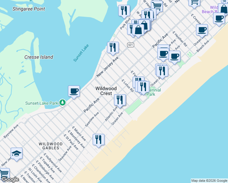 map of restaurants, bars, coffee shops, grocery stores, and more near 7010 Seaview Avenue in Wildwood Crest