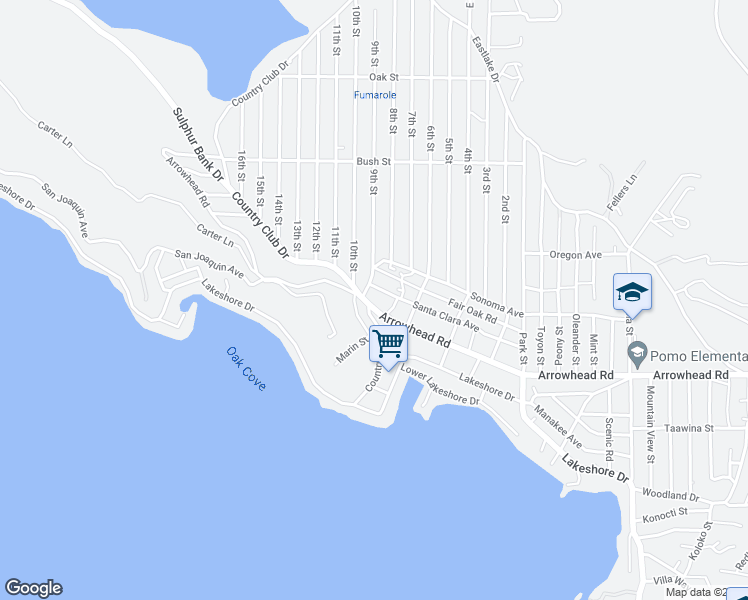 map of restaurants, bars, coffee shops, grocery stores, and more near 13430 Arrowhead Road in Clearlake