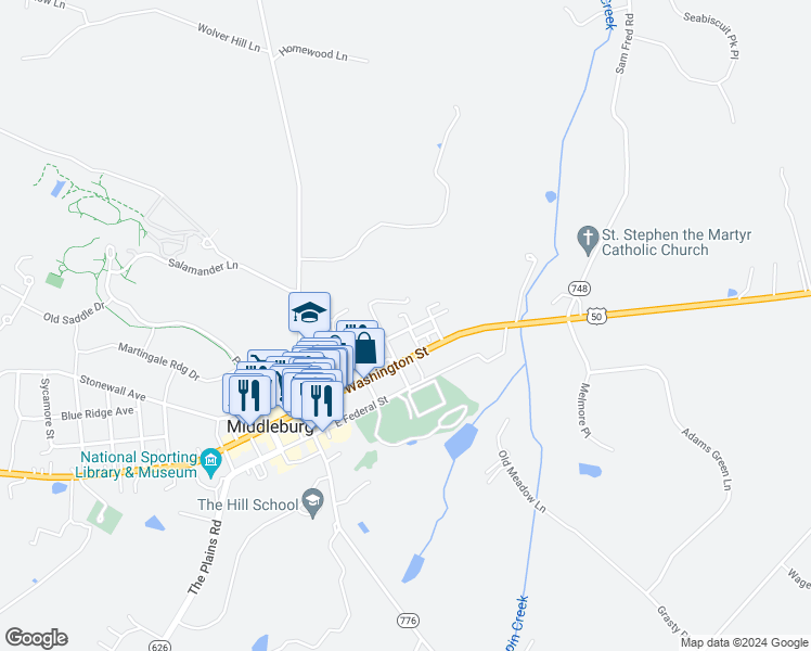 map of restaurants, bars, coffee shops, grocery stores, and more near 306 West Marshall Street in Middleburg