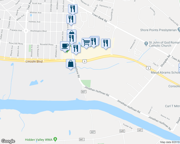 map of restaurants, bars, coffee shops, grocery stores, and more near 3903 Bayshore Road in Cape May