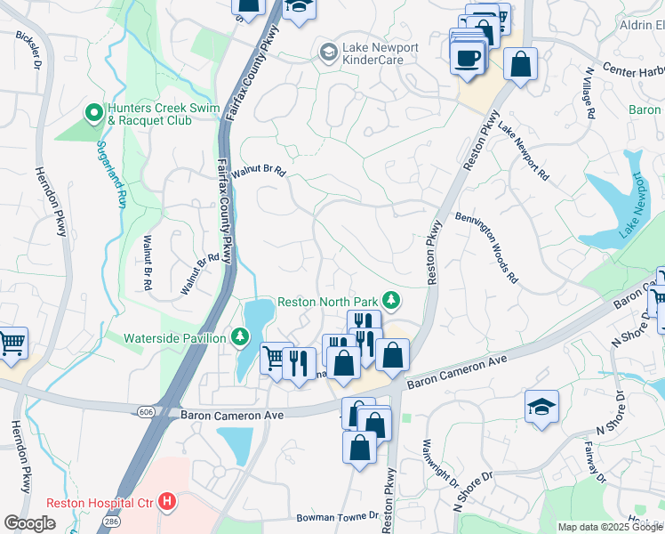 map of restaurants, bars, coffee shops, grocery stores, and more near 1608 Fieldthorn Drive in Reston