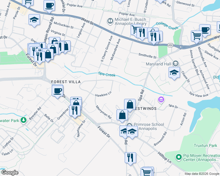 map of restaurants, bars, coffee shops, grocery stores, and more near 1304 Hawkins Lane in Annapolis