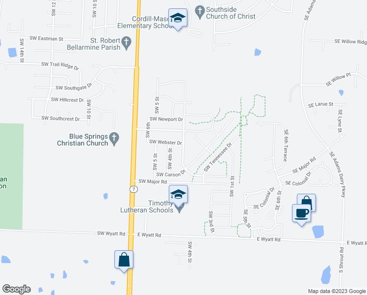 map of restaurants, bars, coffee shops, grocery stores, and more near 8002 Southwest 3rd Street in Blue Springs