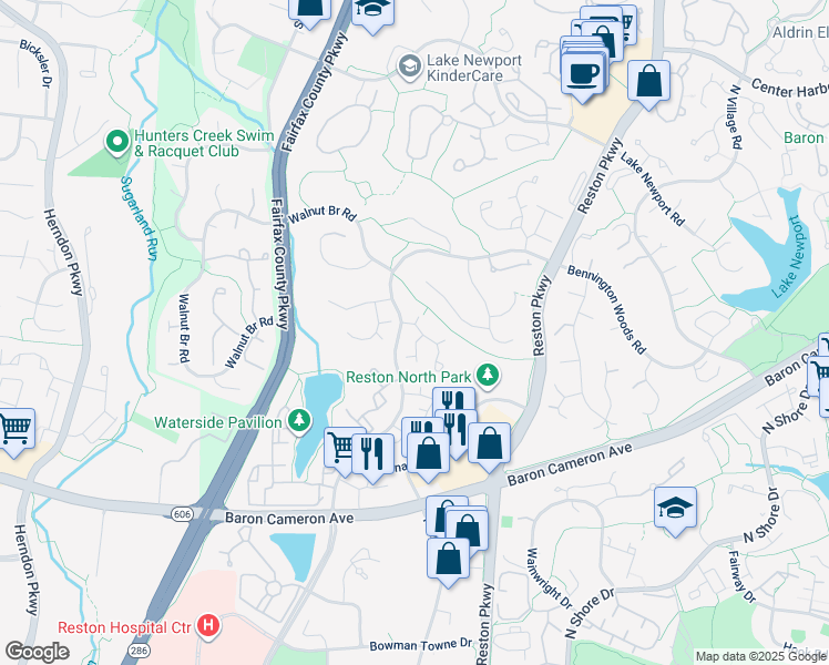 map of restaurants, bars, coffee shops, grocery stores, and more near 1608 Fieldthorn Drive in Reston