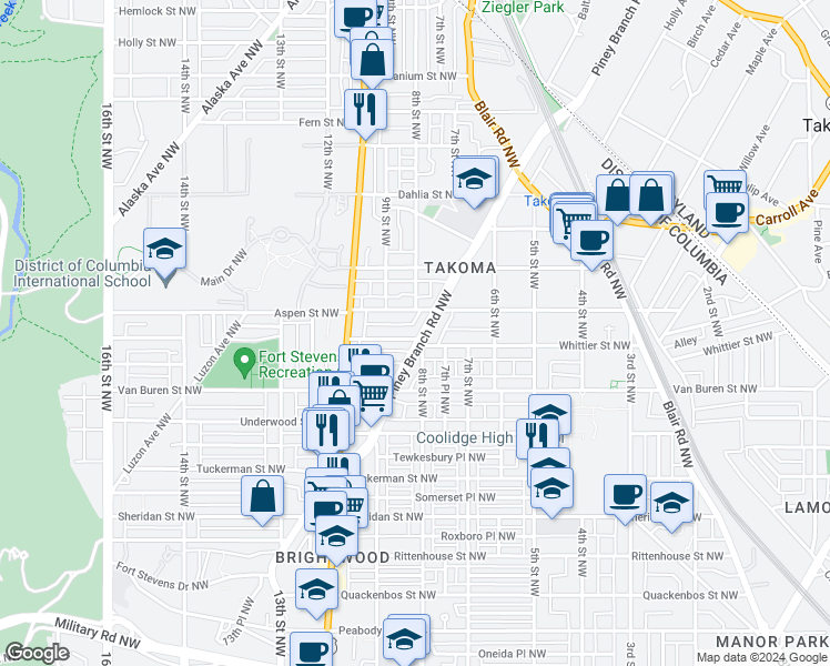 map of restaurants, bars, coffee shops, grocery stores, and more near 6700 Piney Branch Road Northwest in Washington
