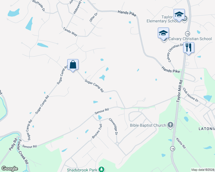 map of restaurants, bars, coffee shops, grocery stores, and more near 3180 Sugar Camp Road in Covington