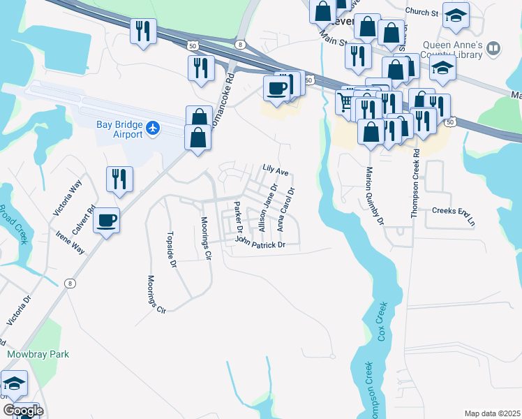 map of restaurants, bars, coffee shops, grocery stores, and more near 306 Breeding Boulevard in Stevensville
