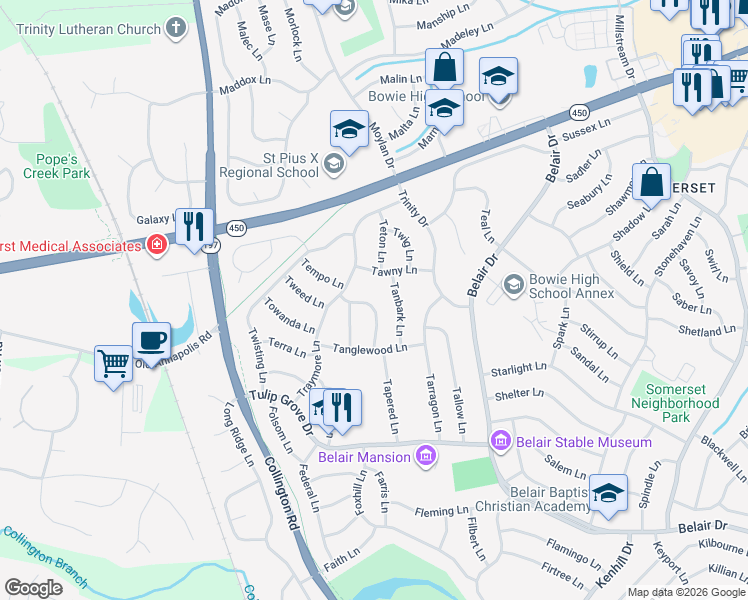 map of restaurants, bars, coffee shops, grocery stores, and more near 3015 Tyson Lane in Bowie