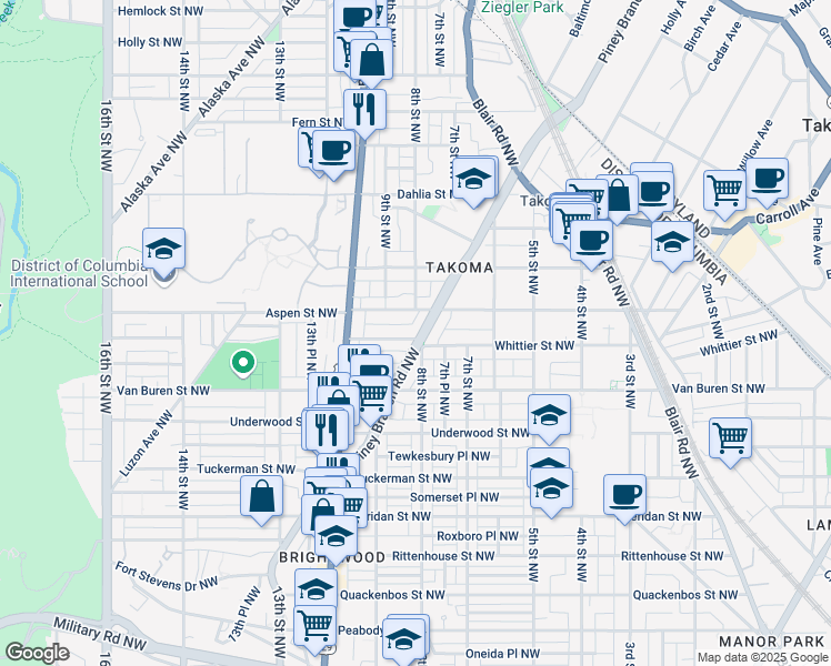 map of restaurants, bars, coffee shops, grocery stores, and more near 6700 Piney Branch Road Northwest in Washington