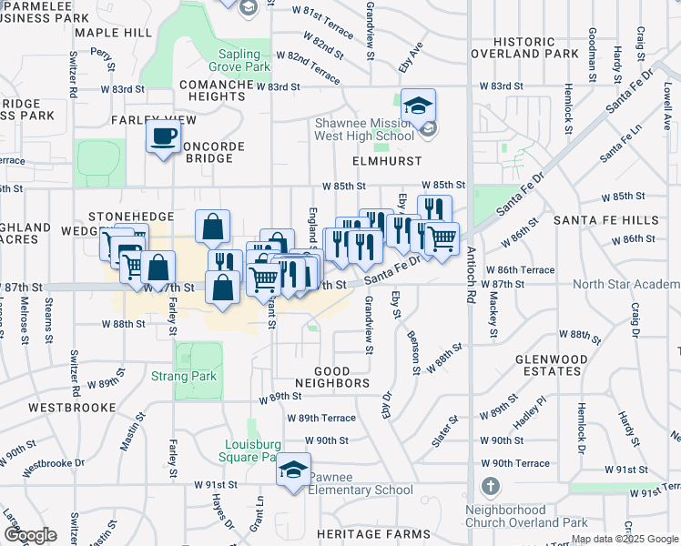 map of restaurants, bars, coffee shops, grocery stores, and more near 9148 Santa Fe Drive in Overland Park