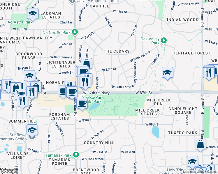 map of restaurants, bars, coffee shops, grocery stores, and more near 8657 Greenway Lane in Lenexa