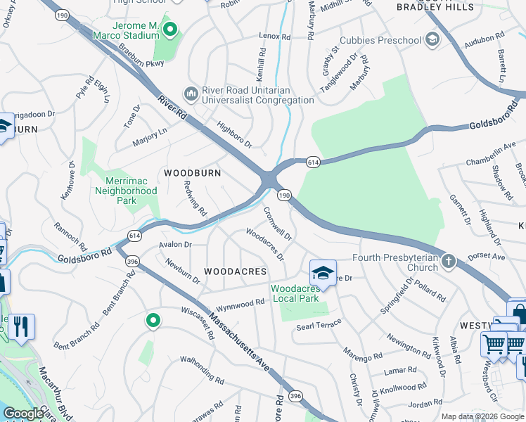 map of restaurants, bars, coffee shops, grocery stores, and more near 6202 Cromwell Drive in Bethesda
