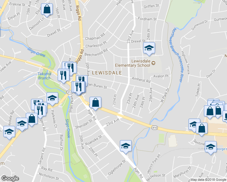 map of restaurants, bars, coffee shops, grocery stores, and more near 2203 Van Buren Street in Hyattsville