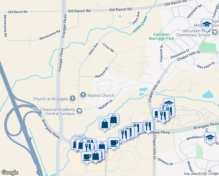 map of restaurants, bars, coffee shops, grocery stores, and more near 2065 Bramblwood Lane in Colorado Springs