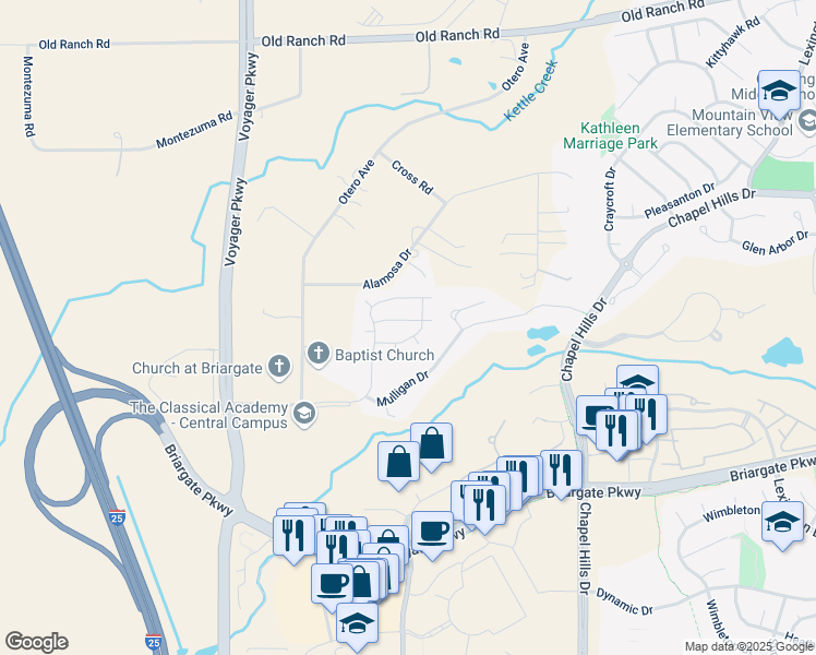 map of restaurants, bars, coffee shops, grocery stores, and more near 2065 Bramblwood Lane in Colorado Springs
