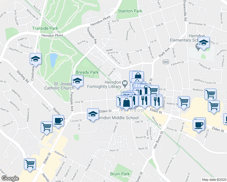 map of restaurants, bars, coffee shops, grocery stores, and more near in Herndon