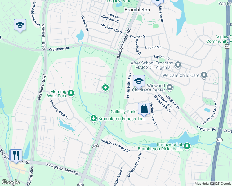 map of restaurants, bars, coffee shops, grocery stores, and more near 23322 Evening Primrose Square in Ashburn