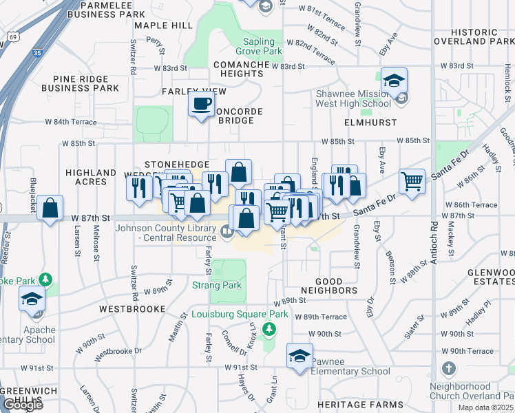 map of restaurants, bars, coffee shops, grocery stores, and more near 9550 West 87th Street in Overland Park