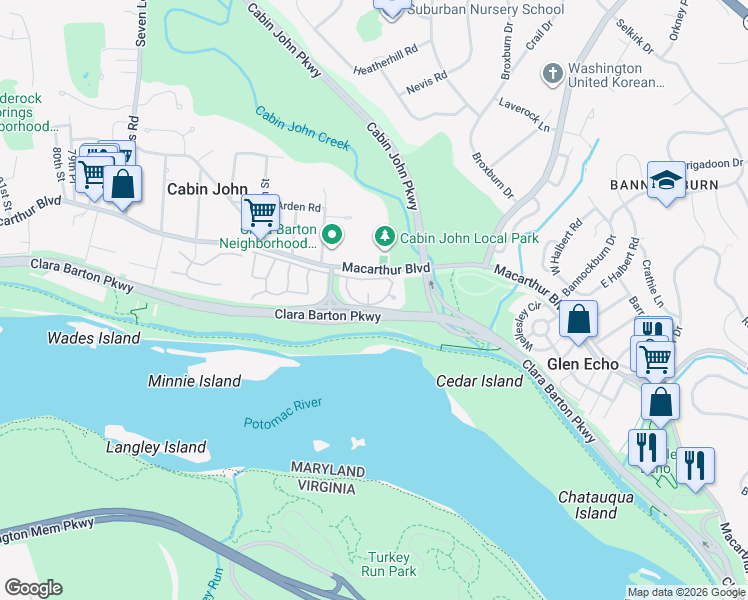map of restaurants, bars, coffee shops, grocery stores, and more near 18 Froude Circle in Cabin John