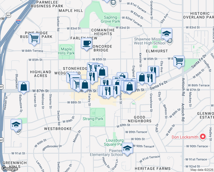 map of restaurants, bars, coffee shops, grocery stores, and more near 9550 West 87th Street in Overland Park