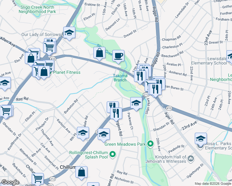 map of restaurants, bars, coffee shops, grocery stores, and more near 1611 Dayton Road in Hyattsville