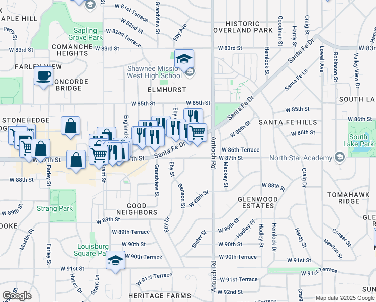 map of restaurants, bars, coffee shops, grocery stores, and more near 9001 Santa Fe Drive in Overland Park
