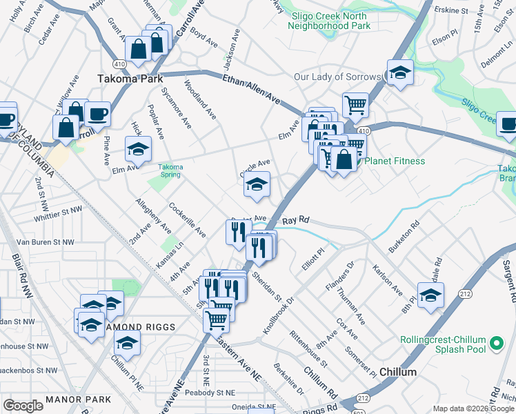 map of restaurants, bars, coffee shops, grocery stores, and more near 6501 Poplar Avenue in Takoma Park