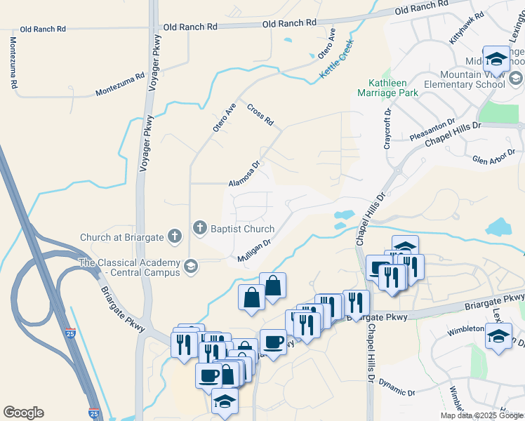 map of restaurants, bars, coffee shops, grocery stores, and more near 2065 Bramblwood Lane in Colorado Springs
