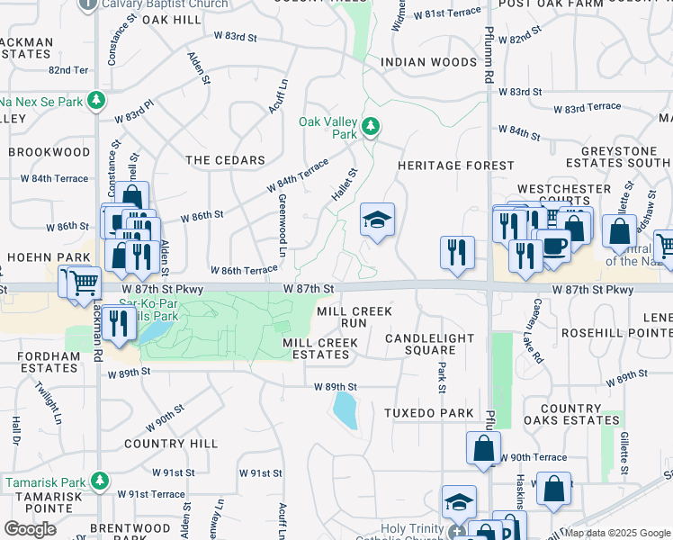 map of restaurants, bars, coffee shops, grocery stores, and more near 14000 West 87th Street Parkway in Lenexa