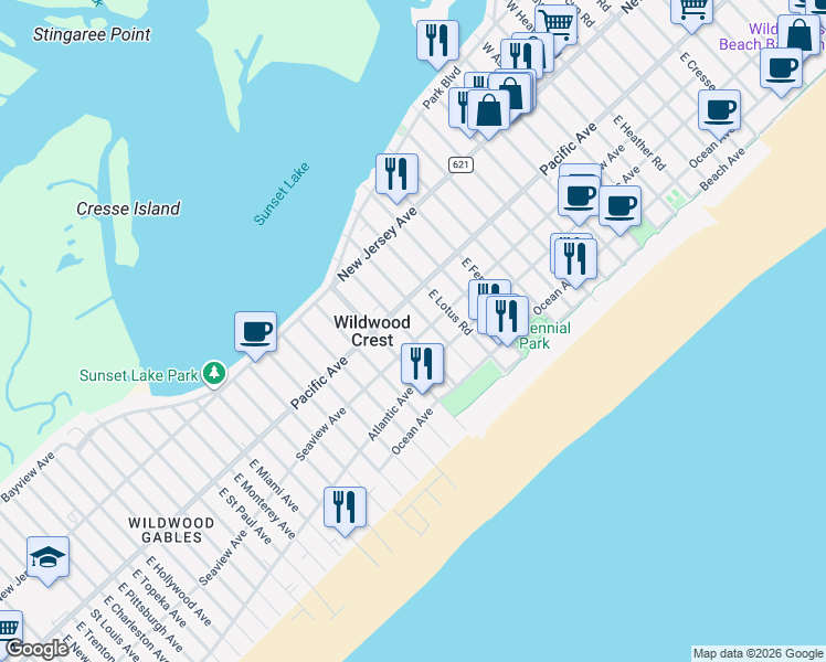 map of restaurants, bars, coffee shops, grocery stores, and more near 7010 Seaview Avenue in Wildwood Crest