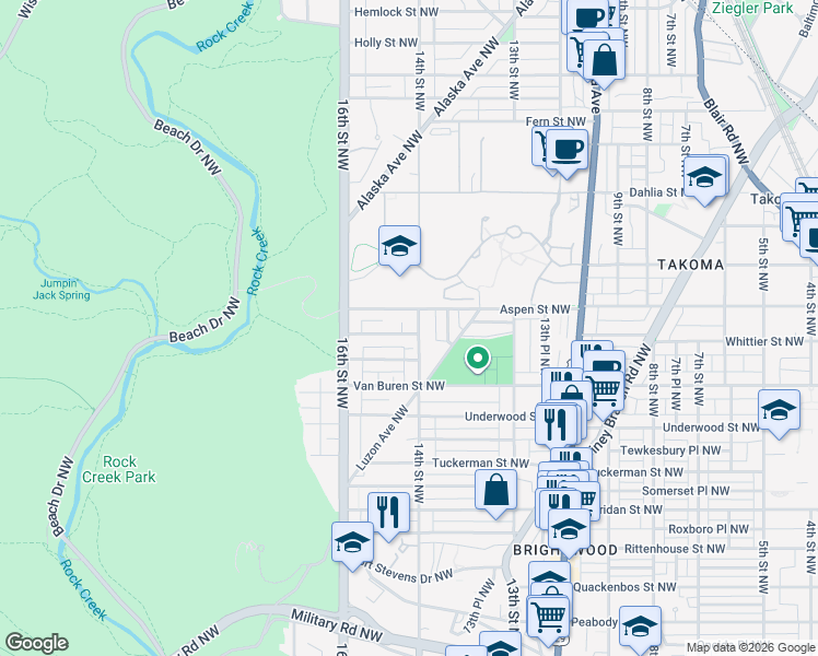 map of restaurants, bars, coffee shops, grocery stores, and more near 1401 Whittier Place Northwest in Washington