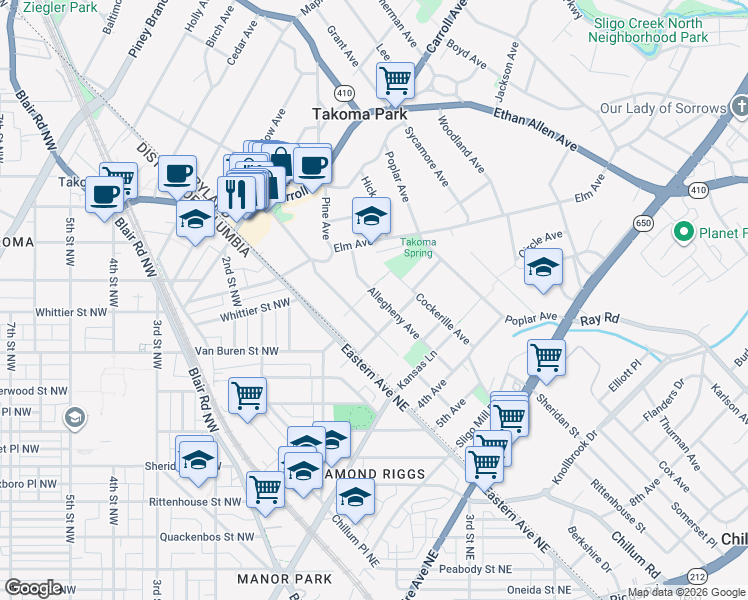 map of restaurants, bars, coffee shops, grocery stores, and more near 6614 Allegheny Avenue in Takoma Park