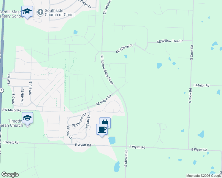 map of restaurants, bars, coffee shops, grocery stores, and more near 769 Southeast Major Road in Blue Springs