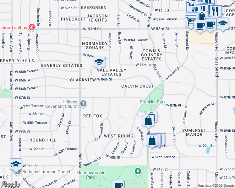 map of restaurants, bars, coffee shops, grocery stores, and more near 4918 West 87th Street in Prairie Village