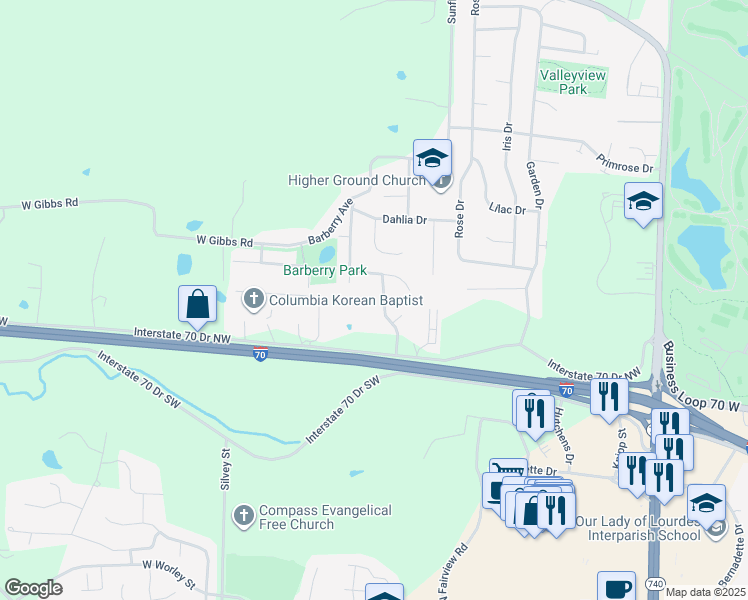 map of restaurants, bars, coffee shops, grocery stores, and more near 1419-1421 Barnwood Drive in Columbia