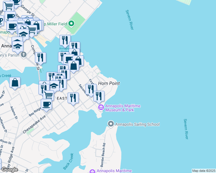 map of restaurants, bars, coffee shops, grocery stores, and more near 1 Chester Avenue in Annapolis