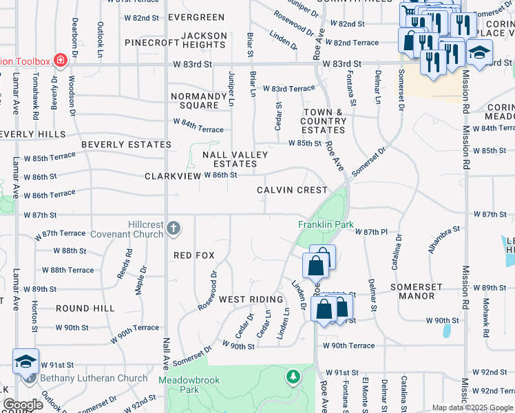 map of restaurants, bars, coffee shops, grocery stores, and more near 4918 West 87th Street in Prairie Village