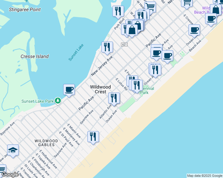map of restaurants, bars, coffee shops, grocery stores, and more near 7010 Seaview Avenue in Wildwood Crest