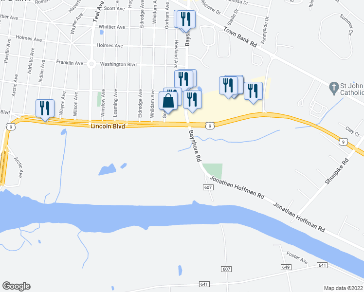 map of restaurants, bars, coffee shops, grocery stores, and more near 3910 Bayshore Road in North Cape May