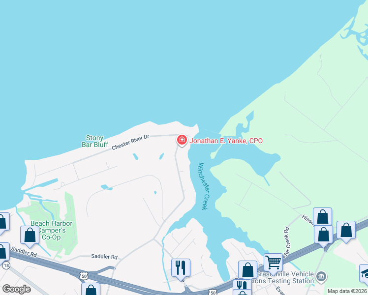 map of restaurants, bars, coffee shops, grocery stores, and more near 650 Chester River Beach Road in Grasonville