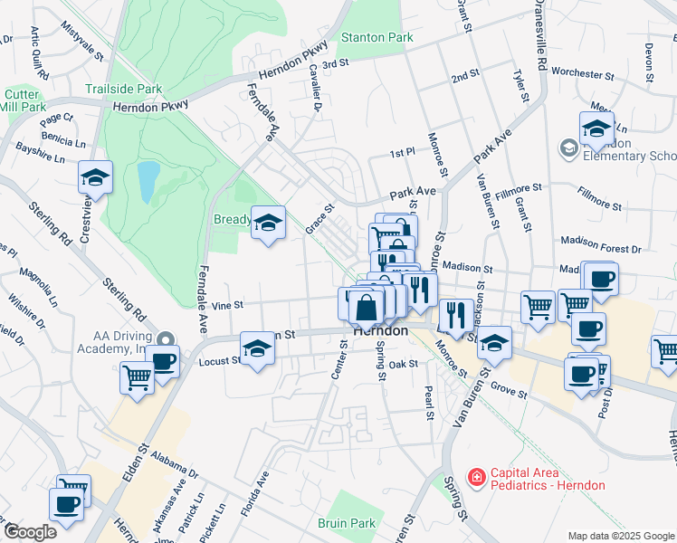 map of restaurants, bars, coffee shops, grocery stores, and more near 749 Center Street in Herndon