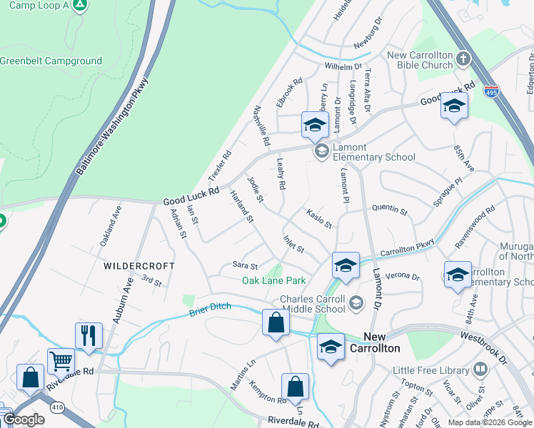 map of restaurants, bars, coffee shops, grocery stores, and more near 6508 Jodie Street in New Carrollton