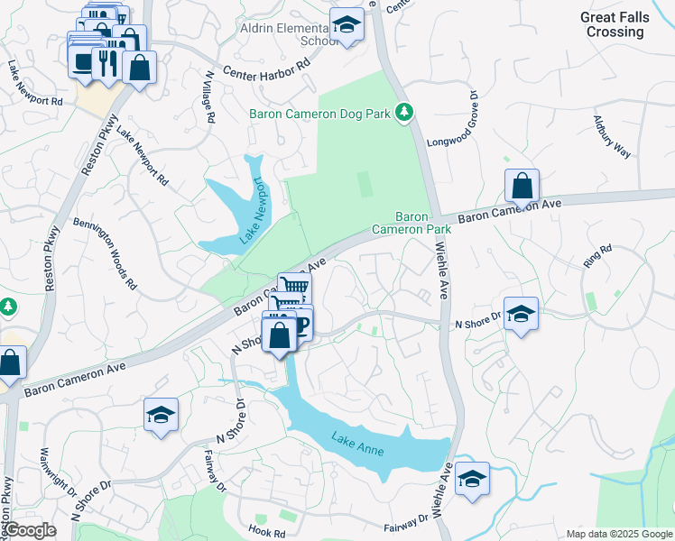 map of restaurants, bars, coffee shops, grocery stores, and more near 1545 Cameron Crescent Drive in Reston
