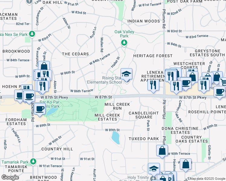 map of restaurants, bars, coffee shops, grocery stores, and more near 14000 West 87th Street Parkway in Lenexa