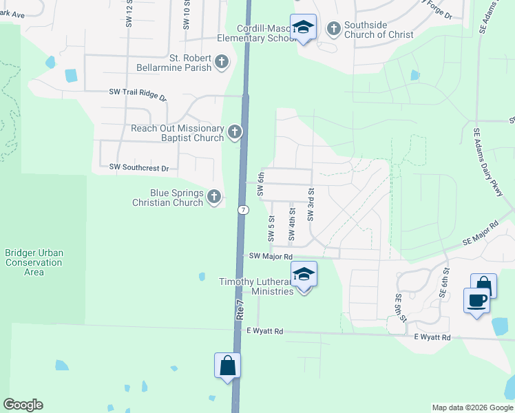 map of restaurants, bars, coffee shops, grocery stores, and more near 7901 Missouri 7 in Blue Springs